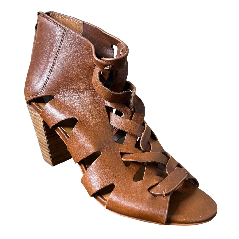 Zodiac Sandals 10 Camila Cognac Brown Leather‎ Gladiator Block Heel